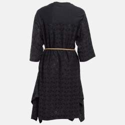 Pre Owned Moncler Black Broderie Anglaise Embroidered Cotton Asymmetric Midi Dress XS