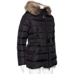Pre Owned Moncler Black Synthetic Fur Lined Hood Detail Belted Down Jacket L