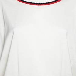 Moncler White Cotton Ribbed Trim Detail Crew Neck Top M