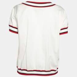 Moncler White Cotton Ribbed Trim Detail Crew Neck Top M