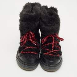 Pre Owned Moncler  Black Leather and Shearling Trailgrip Apres High Boots  Size 38