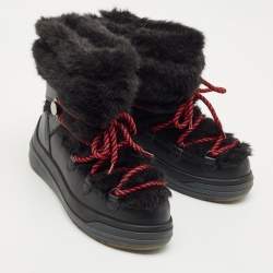 Pre Owned Moncler  Black Leather and Shearling Trailgrip Apres High Boots  Size 38