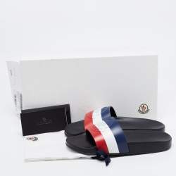 Pre Owned Moncler Black Leather Web Flat Slides Size 38