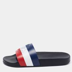 Moncler Black Leather Web Flat Slides Size 38