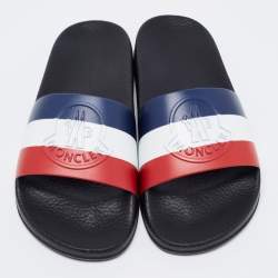Pre Owned Moncler Black Leather Web Flat Slides Size 38