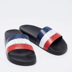 Pre Owned Moncler Black Leather Web Flat Slides Size 38