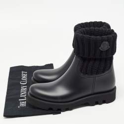 Pre Owned Moncler Black Knit Fabric and Rubber Ginette Rain Boots Size 38
