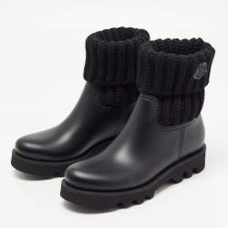 Pre Owned Moncler Black Knit Fabric and Rubber Ginette Rain Boots Size 38
