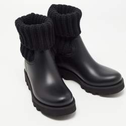 Pre Owned Moncler Black Knit Fabric and Rubber Ginette Rain Boots Size 38