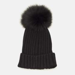 Pre Owned Moncler Black Wool Knit Pom Pom Beanie Hat One Size
