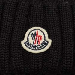 Pre Owned Moncler Black Wool Knit Pom Pom Beanie Hat One Size