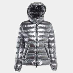 Moncler Silver Synthetic Detachable Hood Quilted Down Jacket M