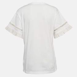 Pre Owned Moncler White Cotton Flared Sleeve Logo Lace Detail T-Shirt L