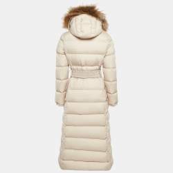 Moncler Beige Synthetic Detachable Fur Hooded Down Puffer Long Coat XS