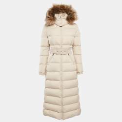 Moncler Beige Synthetic Detachable Fur Hooded Down Puffer Long Coat XS
