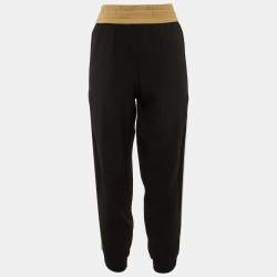 Pre Owned Moncler Black Crepe Logo Striped Crepe Track Trousers M