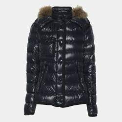 Pre Owned Moncler Navy Blue Quilted Armoise Fur Lined Hooded Down Jacket S