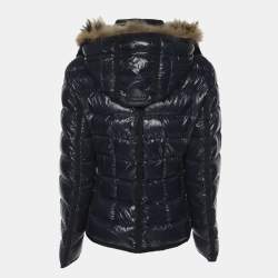 Pre Owned Moncler Navy Blue Quilted Armoise Fur Lined Hooded Down Jacket S