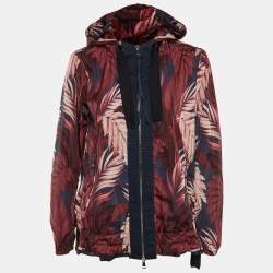 Pre Owned Moncler Burgundy Printed Polyamide Hooded Jacket L