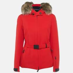 Pre Owned Moncler Red Synthetic Fur Trim Short Down Jacket XXL 