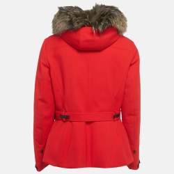 Pre Owned Moncler Grenoble Red Synthetic Fur Trim Short Down Jacket XXL