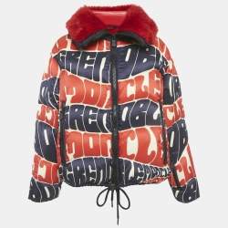 Pre Owned Moncler Red/Blue Logo Print Faux Fur and Nylon Puffer Jacket L