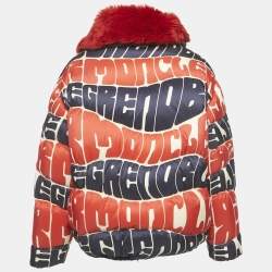 مملوكة مسبقًا Moncler Red/Blue Logo Print Faux Fur and Nylon Puffer Jacket L