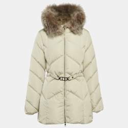 Pre Owned Moncler Beige Fur Trim Nylon Quilted Down Jacket M