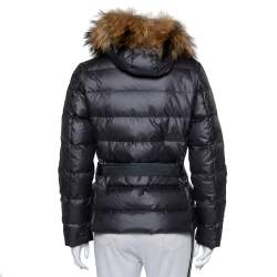 Moncler Grey Synthetic Fur Lined Belted Hooded Puffer Jacket M