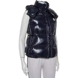 Pre Owned Moncler Navy Blue Synthetic Quilted Sleeveless Hooded Galene Gilet S