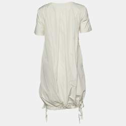 Pre Owned Moncler Ivory Cotton Floral Applique Detail Gathered Hem Dress S