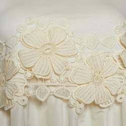 Pre Owned Moncler Ivory Cotton Floral Applique Detail Gathered Hem Dress S