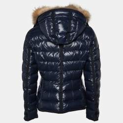 Pre Owned Moncler Navy Blue Quilted Armoise Fur Lined Hooded Down Jacket S