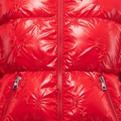 Moncler Red Nylon Floral Embroidery & Embellished Quilted Down Jacket S