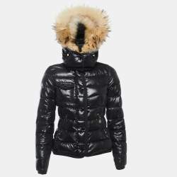 Pre Owned Moncler Black Nylon Fur Trimmed Hood Quilted Down Jacket XXS
