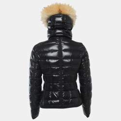 Pre Owned Moncler Black Nylon Fur Trimmed Hood Quilted Down Jacket XXS