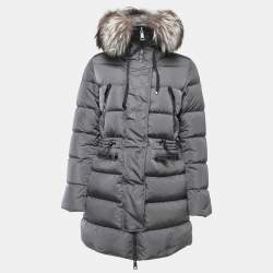 Moncler Grey Quilted Nylon Zip Front Fur Trim Hooded Down Jacket XS