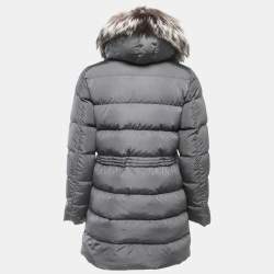 Moncler Grey Quilted Nylon Zip Front Fur Trim Hooded Down Jacket XS