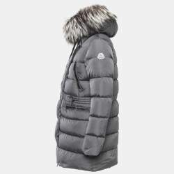 Moncler Grey Quilted Nylon Zip Front Fur Trim Hooded Down Jacket XS