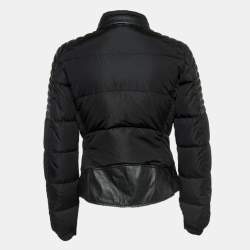 Pre Owned Moncler Black Logo Applique Leather Trim Nylon Zipper Puffer Jacket S