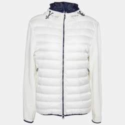 Moncler White Quilted & Knit Zip Up Hooded Cardigan L
