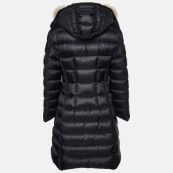 Pre Owned Moncler Black Down Fur Trim Hooded Hermifur Long Jacket L