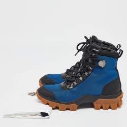Pre Owned Moncler Black /Blue Leather and Canvas Ankle Boots Size 39