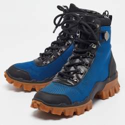 Pre Owned Moncler Black /Blue Leather and Canvas Ankle Boots Size 39