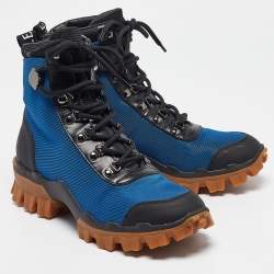 Pre Owned Moncler Black /Blue Leather and Canvas Ankle Boots Size 39