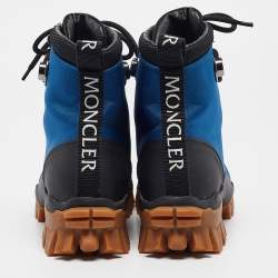 Pre Owned Moncler Black /Blue Leather and Canvas Ankle Boots Size 39