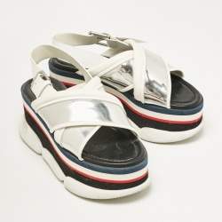 Moncler White/Silver Leather Zelda Platform Sandals Size 37