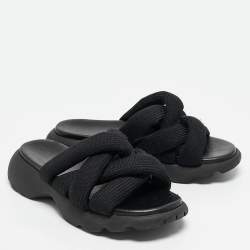 Pre Owned Moncler Black Knit Fabric Knot  Flat Sandals Size 39