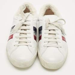 Pre Owned Moncler White Leather and Shearling Fur Ryegrass Lace Up Sneakers Size 39