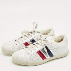 Pre Owned Moncler White Leather and Shearling Fur Ryegrass Lace Up Sneakers Size 39